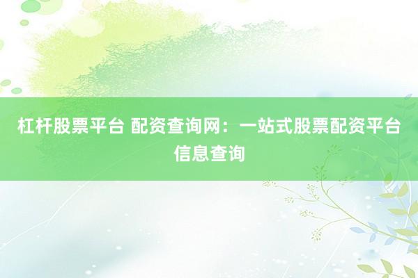 杠杆股票平台 配资查询网：一站式股票配资平台信息查询