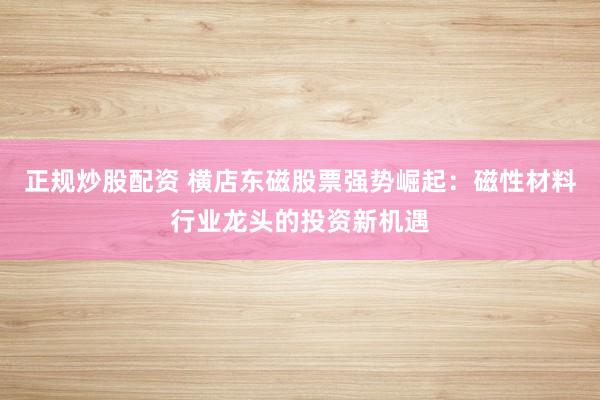 正规炒股配资 横店东磁股票强势崛起：磁性材料行业龙头的投资新机遇